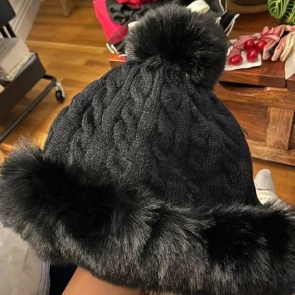 Faux fur trimmed & pom pom knit Hat winter Pink, black, cream, tan or gray - Picture 15 of 15